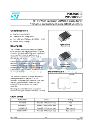 PD55008-E datasheet - RF POWER transistor, LDMOST plastic family N-Channel enhancement-mode lateral MOSFETs