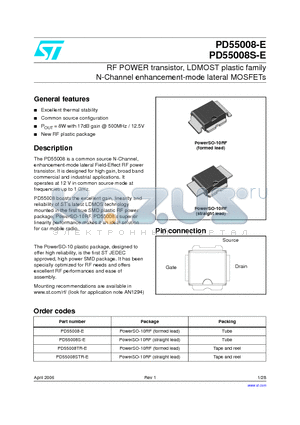 PD55008S-E datasheet - RF POWER transistor, LDMOST plastic family N-Channel enhancement-mode lateral MOSFETs