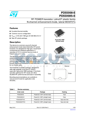 PD55008S-E datasheet - RF POWER transistor, LdmoST plastic family N-channel enhancement-mode, lateral MOSFETs