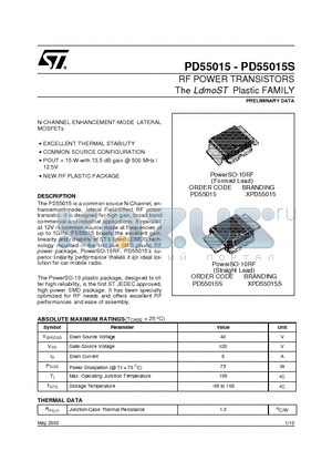 PD55015-PD55015S datasheet - RF POWER TRANSISTORS The LdmoST Plastic FAMILY