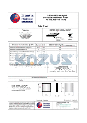 SB040P105-W-AG/AL datasheet - Schottky Barrier Diode Wafer 40 Mils, 105 Volt, 1 Amp
