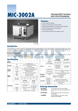 MIC-3002A-6 datasheet - 4U CompactPCI Enclosure with 6-slot 3U Backplane