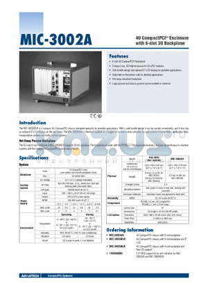 MIC-3002AR-6 datasheet - 4U CompactPCI Enclosure with 6-slot 3U Backplane