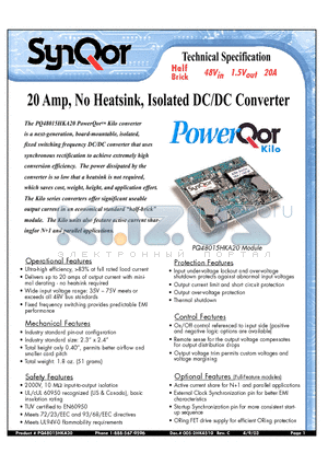PQ48015HKA20NNS datasheet - 20 Amp, No Heatsink, Isolated DC/DC Converter