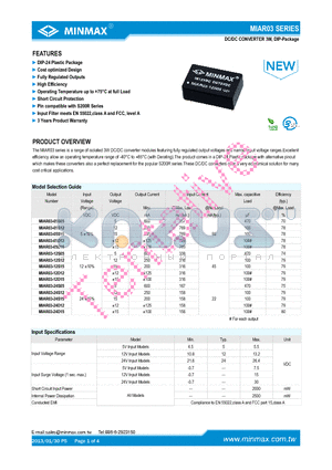 MIAR03-24S05 datasheet - DC/DC CONVERTER 3W, DIP-24 Plastic Package Cost optimized Design