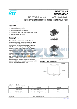 PD57002-E datasheet - RF POWER transistor, LdmoST plastic family N-channel enhancement-mode, lateral MOSFETs