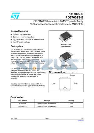 PD57002S-E datasheet - RF POWER transistor, LDMOST plastic family N-Channel enhancement-mode lateral MOSFETs