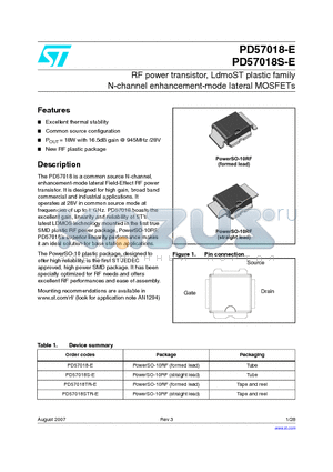 PD57018-E datasheet - RF power transistor, LdmoST plastic family N-channel enhancement-mode lateral MOSFETs