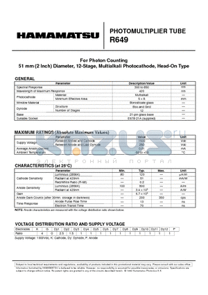 R649 datasheet - PHOTOMULTIPLIER TUBE