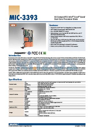 MIC-3393 datasheet - 6U CompactPCI Intel^ Xeon^ Quad/Dual Core Processor Blade