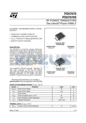 PD57070S datasheet - RF POWER TRANSISTORS The LdmoST Plastic FAMILY