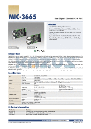 MIC-3665-BE datasheet - Dual Gigabit Ethernet PCI-X PMC