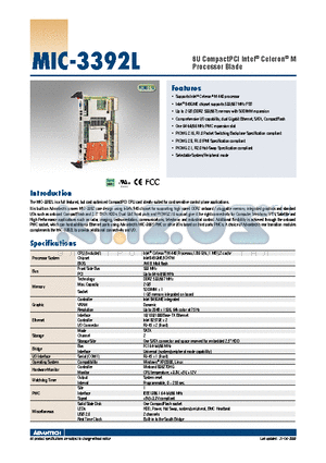 MIC-3392L datasheet - 6U CompactPCI Intel^ Celeron^ M Processor Blade