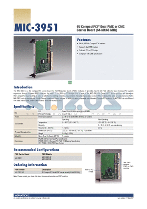 MIC-3951-AE datasheet - 6U CompactPCI^ Dual PMC or CMC Carrier Board (64-bit/66 MHz)