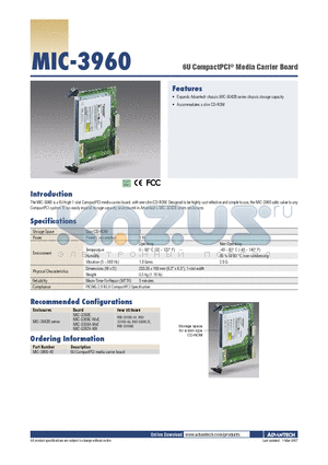 MIC-3960-AE datasheet - 6U CompactPCI^ Media Carrier Board