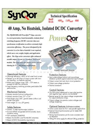 PQ48018HGA40NYS datasheet - 40 Amp, No Heatsink, Isolated DC/DC Converter