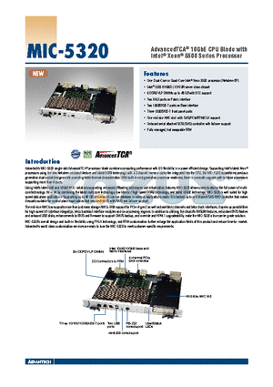 MIC-5320 datasheet - AdvancedTCA^ 10GbE CPU Blade with Intel^ Xeon^ 5500 Series Processor