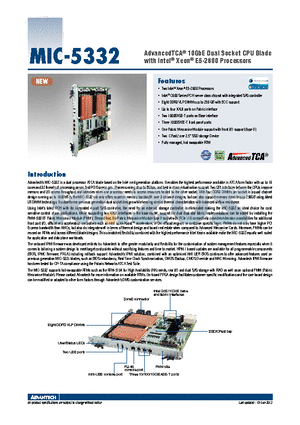 MIC-5332SA1-P2E datasheet - AdvancedTCA^ 10GbE Dual Socket CPU Blade with Intel^ Xeon^ E5-2600 Processors