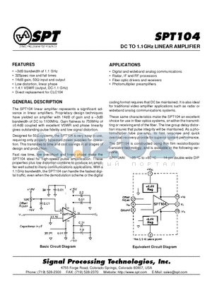 SPT104 datasheet - DC TO 1.1GHz LINEAR AMPLIFIER