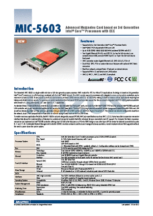 MIC-5603AFZ-M8E datasheet - Advanced Mezzanine Card based on 3rd Generation Intel^ Core Processors with ECC