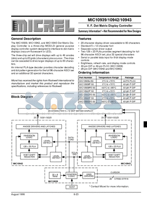 MIC10939J-50 datasheet - V. F. Dot Matrix Display Controller