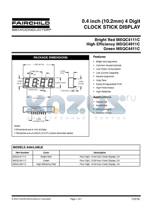 MSQC4111C datasheet - 0.4 inch (10.2mm) 4 Digit CLOCK STICK DISPLAY