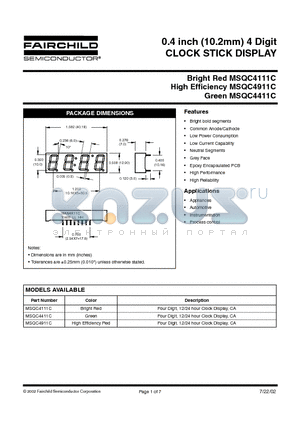 MSQC4911C datasheet - 0.4 inch (10.2mm) 4 Digit CLOCK STICK DISPLAY