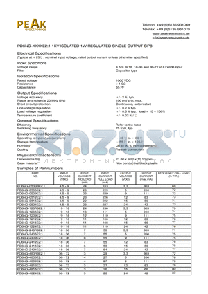 PD6NG-0509E21 datasheet - PD6NG-XXXXE2:1 1KV ISOLATED 1W REGULATED SINGLE OUTPUT SIP8