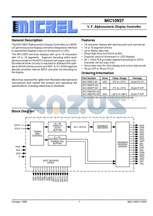 MIC10937J-40 datasheet - V. F. Alphanumeric Display Controller