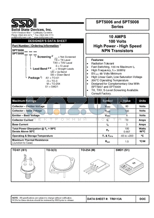 SPT5006MDBTXV datasheet - 10 AMPS 100 Volts High Power - High Speed NPN Transistors