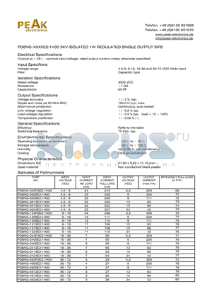 PD6NG-0524E21H30 datasheet - PD6NG-XXXXE2:1H30 3KV ISOLATED 1W REGULATED SINGLE OUTPUT SIP8
