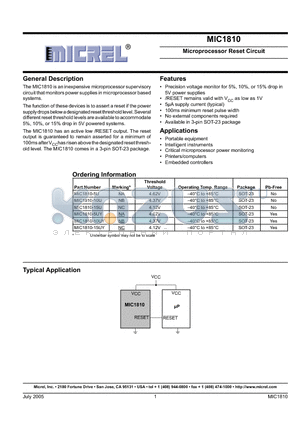 MIC1810-5UY datasheet - Microprocessor Reset Circuit