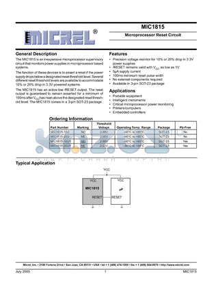MIC1815-10U datasheet - Microprocessor Reset Circuit
