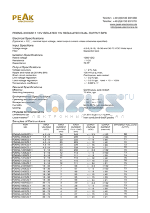 PD6NG-2409Z21 datasheet - PD6NG-XXXXZ2:1 1KV ISOLATED 1W REGULATED DUAL OUTPUT SIP8