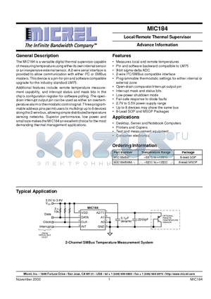 MIC184 datasheet - Local/Remote Thermal Supervisor Advance Information