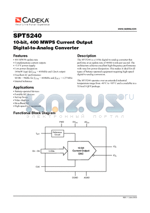 SPT5240SIT datasheet - 10-bit, 400 MWPS Current Output Digital-to-Analog Converter