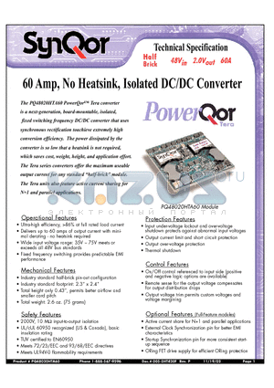 PQ48020HTA60NKS datasheet - 60 Amp, No Heatsink, Isolated DC/DC Converter