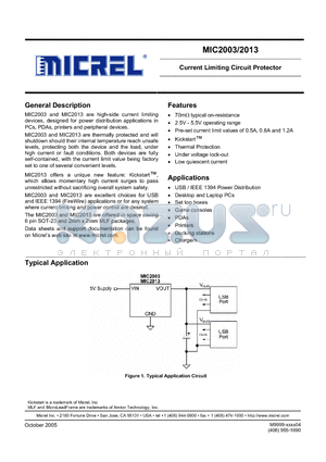 MIC2003 datasheet - Current Limiting Circuit Protector