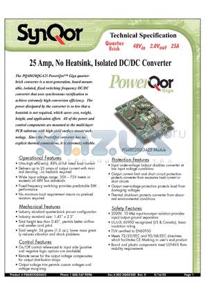 PQ48020QGA25PNS datasheet - 25 Amp, No Heatsink, Isolated DC/DC Converter