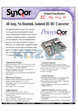 PQ48025HTA60PKS datasheet - 60 Amp, No Heatsink, Isolated DC/DC Converter