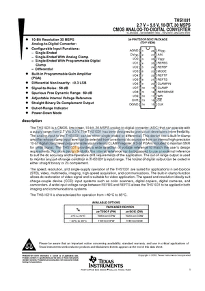 THS1031 datasheet - 2.7 V . 5.5 V, 10-BIT, 30 MSPS CMOS ANALOG-TO-DIGITAL CONVERTER