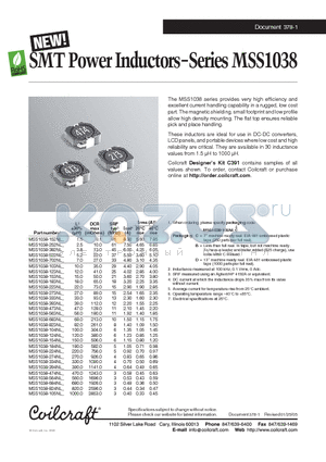 MSS1038 datasheet - SMT Power Inductors