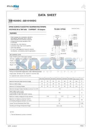 SB10100DC datasheet - D2PAK SURFACT SCHOTTKY BARRIER RECTIFIERS(VOLTAGE 20 to 100 Volts CURRENT - 10 Ampere)