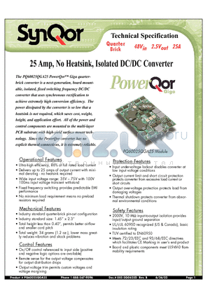PQ48025QGA25NYS datasheet - 25 Amp, No Heatsink, Isolated DC/DC Converter