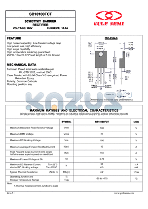 SB10100FCT datasheet - SCHOTTKY BARRIER RECTIFIER VOLTAGE: 100V CURRENT: 10.0A