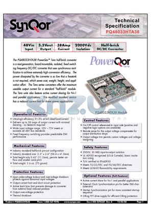 PQ48033HTA38NNS datasheet - Half-brick DC/DC Converter