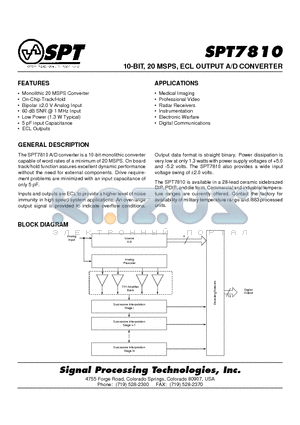 SPT7810BCN datasheet - 10-BIT, 20 MSPS, ECL OUTPUT A/D CONVERTER