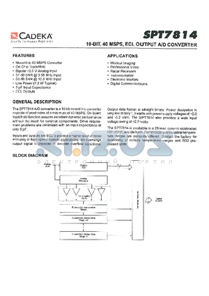 SPT7814ACN datasheet - 10-BIT, 40 MSPS, ECL OUTPUT A/D CONVERTER