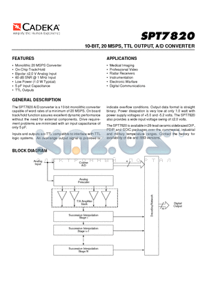 SPT7820AMJ datasheet - 10-BIT, 20 MSPS, TTL OUTPUT, A/D CONVERTER