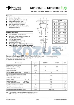 SB10200 datasheet - 10A HIGH VOLTAGE SCHOTTKY BARRIER RECTIFIER